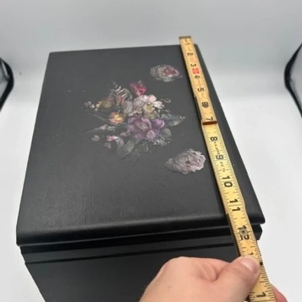 Vintage Wood Jewelry Box Organizer Black Floral Decal Storage Chest Cottagecore